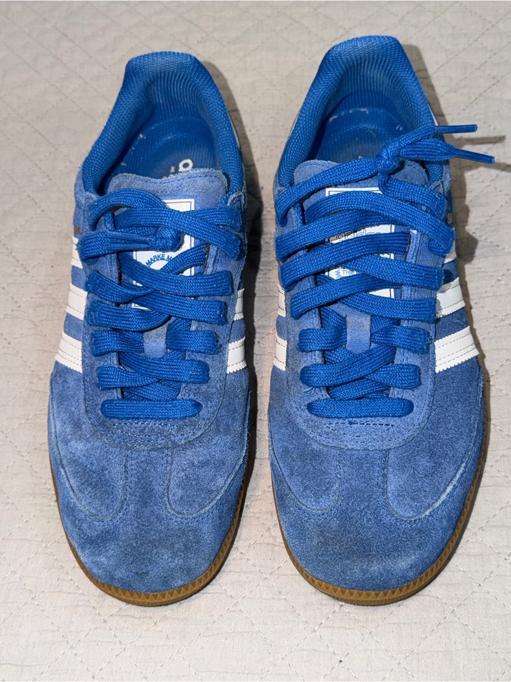 Adidas Samba Men’s 8.5 Blue Suede White Stripes Gum Sole Sneakers EUC